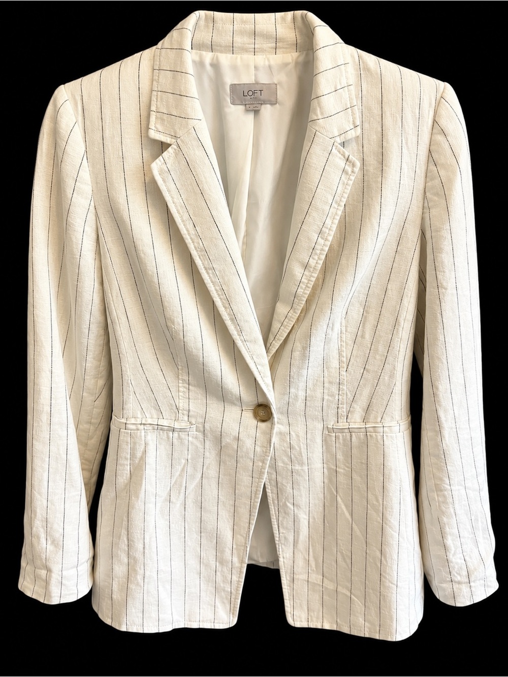 LOFT Cream Linen Blend Blazer with Pinstripes